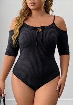 Plus Size Women Ribbed Elastic Tight Fitting Strap Off Shoulder Bodysuit