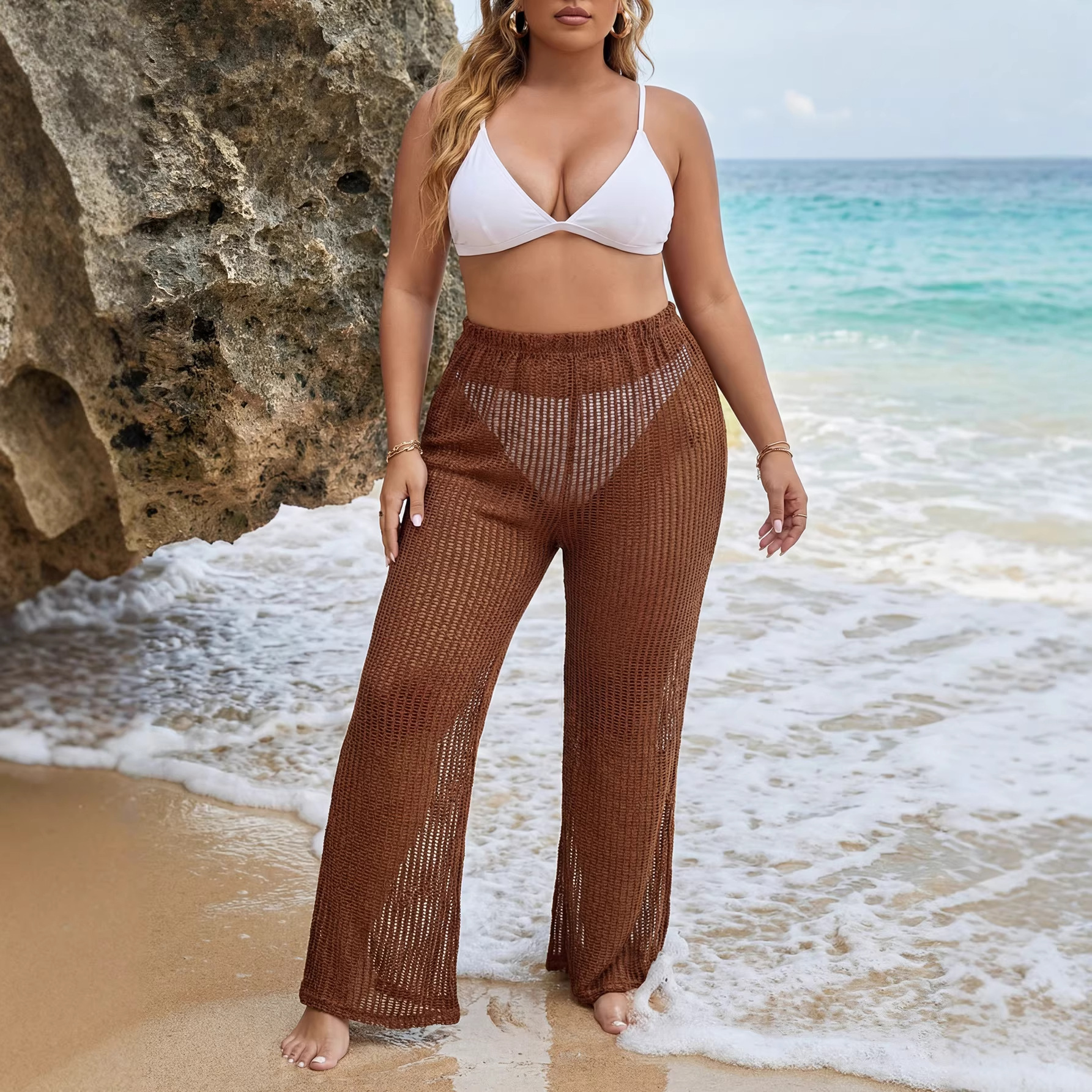 Plus Size Knitted Hollow-Out See-Through Beach Pants