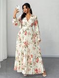 Plus Size Women Elegant Floral Printed V-Neck Long Sleeve Slim Waist Pleated Maxi Dress