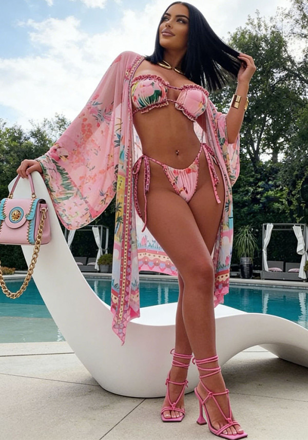 Holidays Women Pink Printed Three-Piece Sun Protection Swimsuit