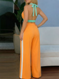 Women Color Block Halter Neck Low Back Top High Waist Slim Fit Wide Leg Pants Casual Two-Piece Set