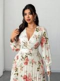 Plus Size Women Elegant Floral Printed V-Neck Long Sleeve Slim Waist Pleated Maxi Dress