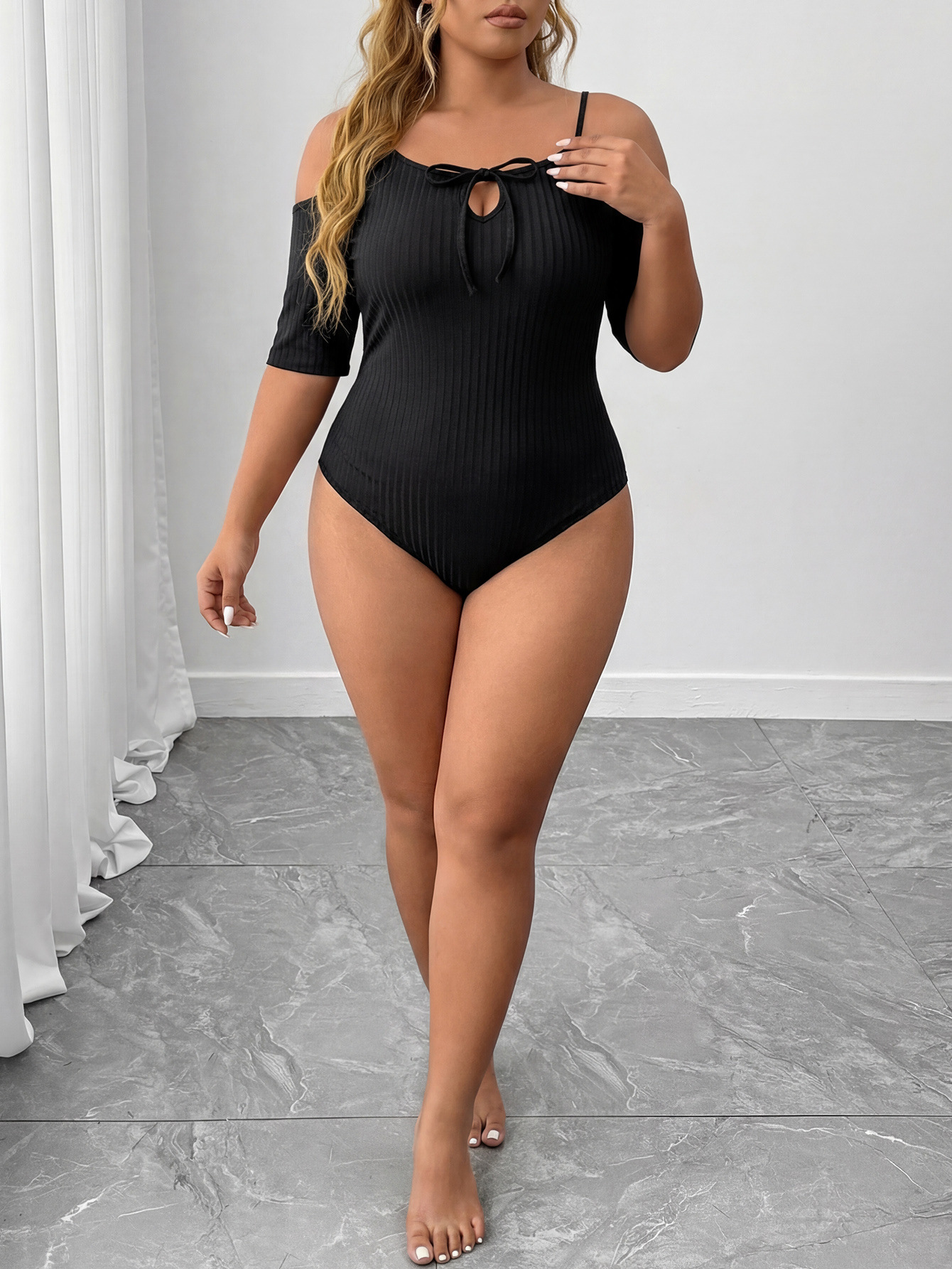 Plus Size Ribbed Elastic Off-Shoulder Bodysuit