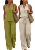 Women Solid Sleeveless V-Neck Vest Drawstring Pocket Wide Leg Pants Casual Two-Piece Set
