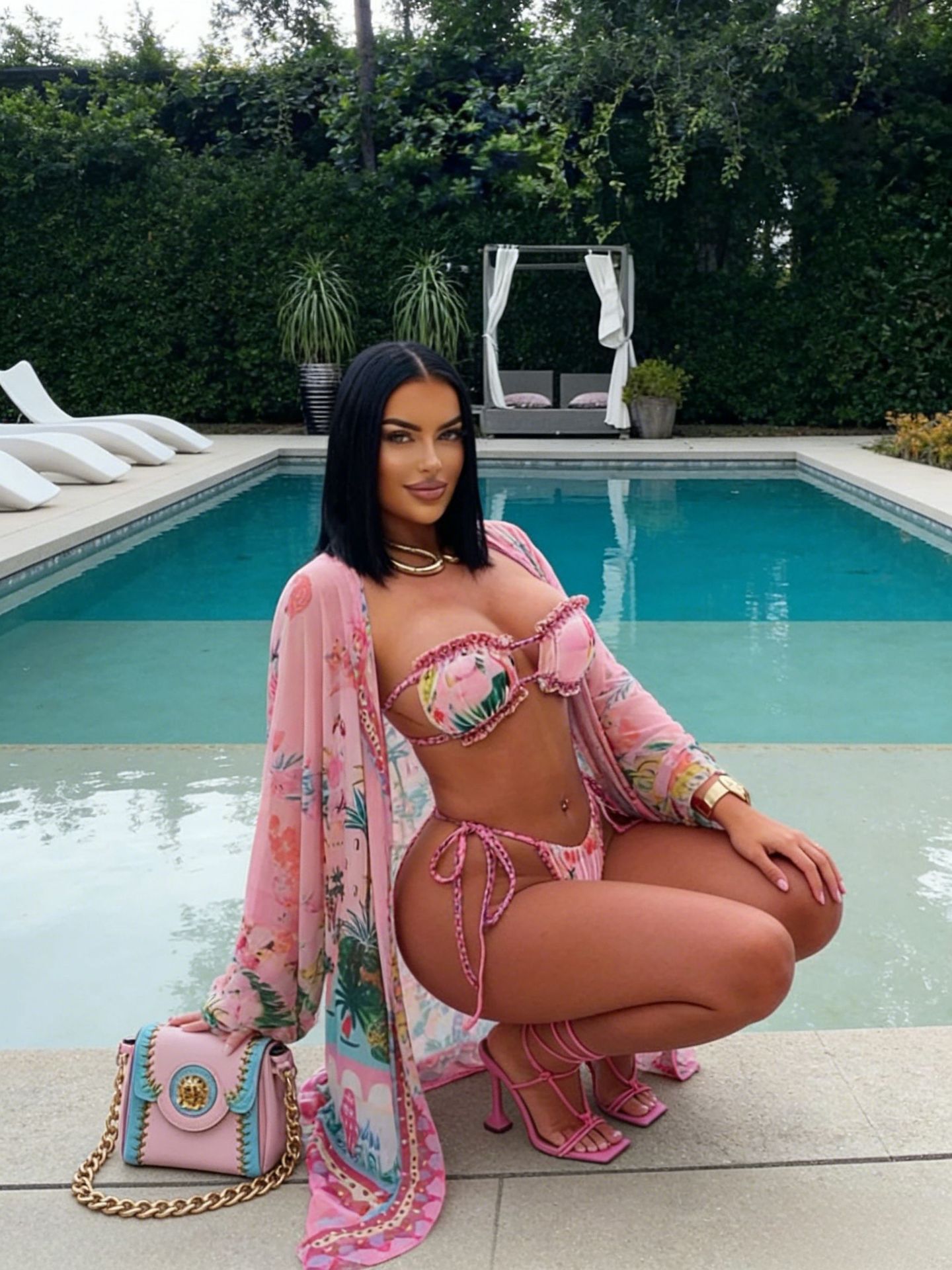 Pink Printed Three-Piece Swimsuit for Holiday Sun Protection