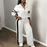 Women Color Block Striped Casual Zip Top Wide Leg Pants Two-Piece Tracksuit