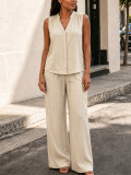 Women Solid Sleeveless V-Neck Vest Drawstring Pocket Wide Leg Pants Casual Two-Piece Set
