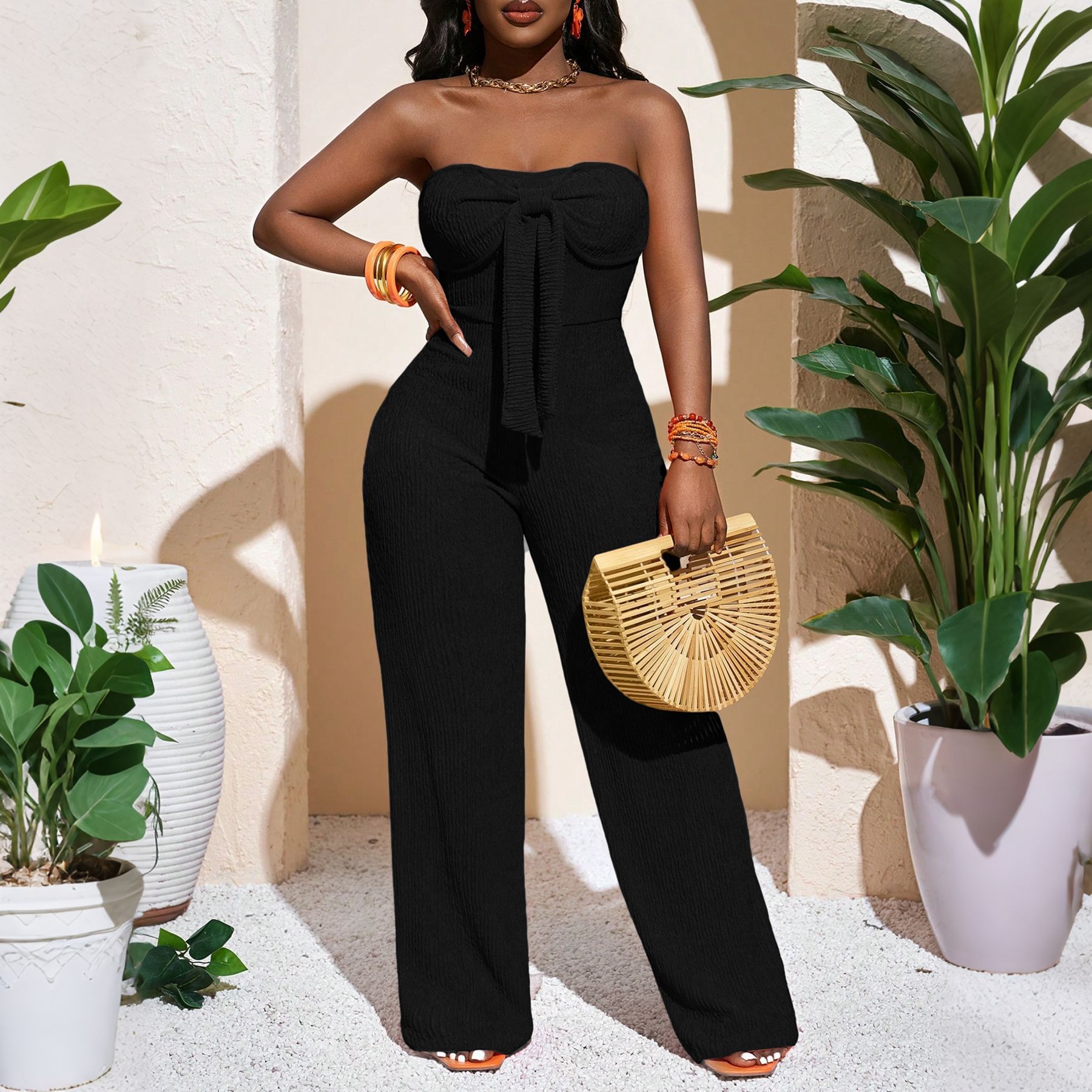 Textured Bow Strapless Wide Leg Jumpsuit for Holidays