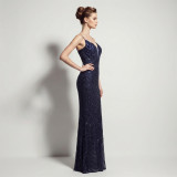 Women Chic V-Neck Sequin Lace-Up Long Formal Party Evening Dress