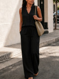 Women Solid Sleeveless V-Neck Vest Drawstring Pocket Wide Leg Pants Casual Two-Piece Set