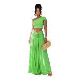 Women Sexy Slash Shoulder Crop Top & Midi Skirt Two-Piece Set