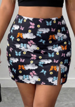 Plus Size Women Butterfly Printed Split Elastic Waist A-Line Mini Skirt