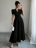 Summer Plus Size Women Puff Sleeve Slim Waist Maxi Dress