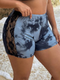 Women Sexy Tie Dye Printed Lace Patchwork See-Through Casual Sports Shorts