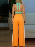 Women Color Block Halter Neck Low Back Top High Waist Slim Fit Wide Leg Pants Casual Two-Piece Set