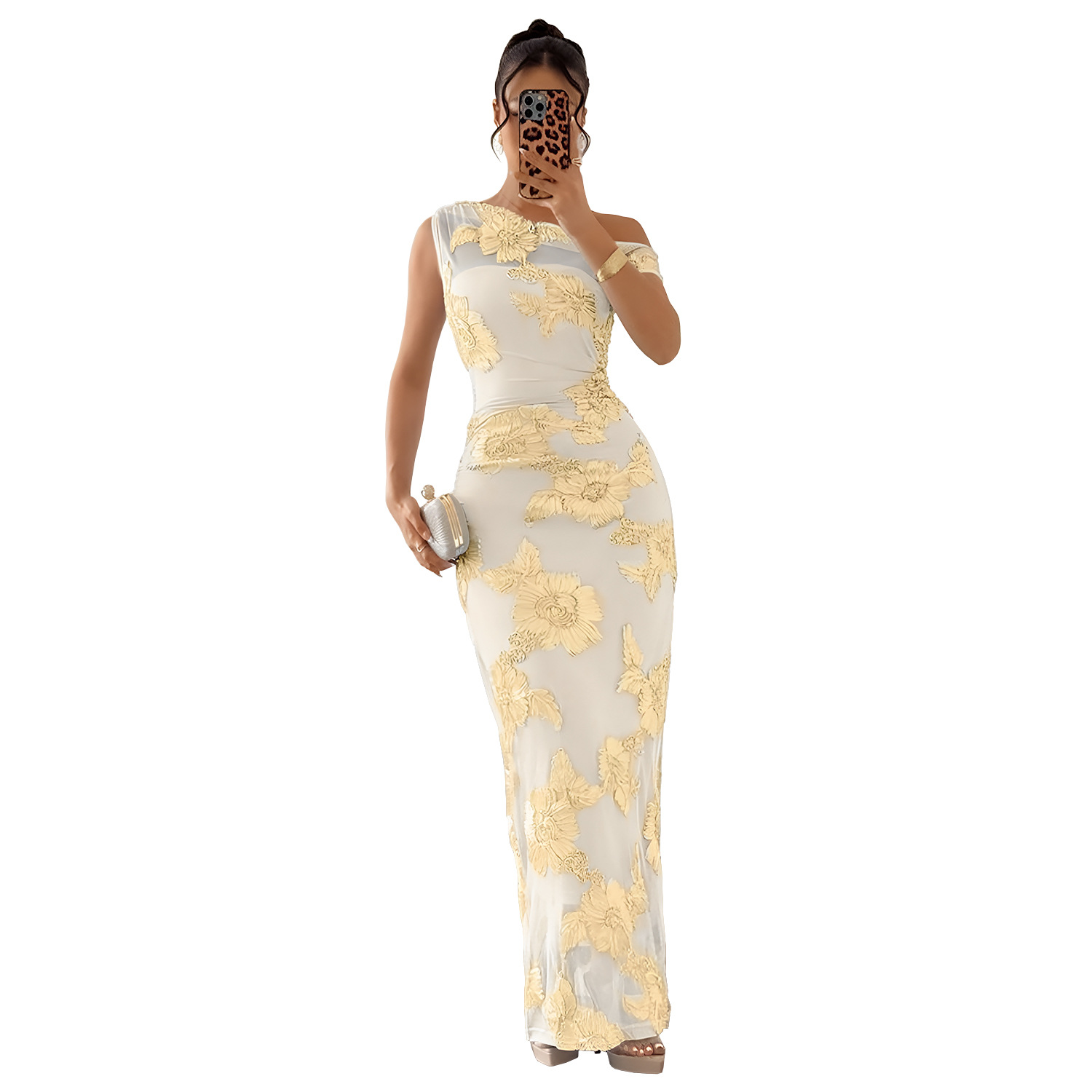 Mesh Slash Shoulder Bodycon Dress for Evening Parties