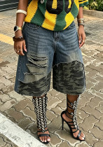 Street Fake Two-Piece Camouflage Patchwork Ripped Seven-Point Denim Shorts Street Fake Two-Piece Camouflage Patchwork Ripped Seven-Point Denim Shorts
