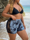 Women Sexy Tie Dye Printed Lace Patchwork See-Through Casual Sports Shorts
