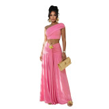 Women Sexy Slash Shoulder Crop Top & Midi Skirt Two-Piece Set