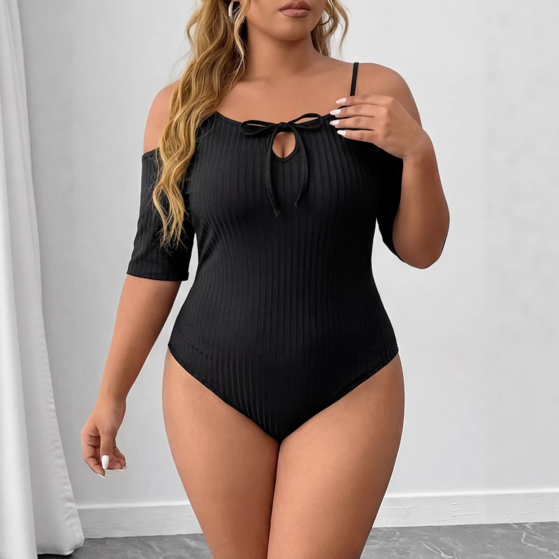 Plus Size Ribbed Elastic Off-Shoulder Bodysuit