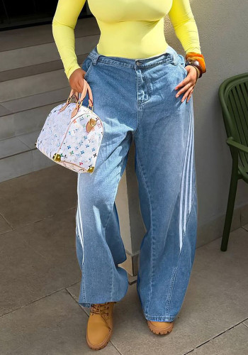Street Striped Patchwork Washed Wide Leg Denim Pants