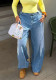 Street Striped Patchwork Washed Wide Leg Denim Pants