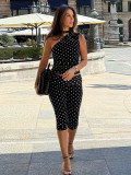 Women Sexy Mesh Polka Dot Printed One Shoulder Slash Shoulder Two-Piece Shorts Set