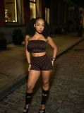 Women Sexy Black Polka Dot Strapless Two-Piece Shorts Set