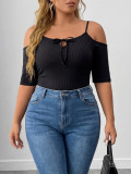 Plus Size Women Ribbed Elastic Tight Fitting Strap Off Shoulder Bodysuit
