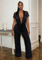 Spring Summer Women Mesh Deep V-Neck Top High Waist Bell Bottom Pants Two-Piece Set Spring Summer Women Mesh Deep V-Neck Top High Waist Bell Bottom Pants Two-Piece Set