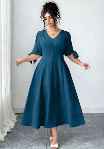 Plus Size Women Solid V-Neck Elegant Tie Button Midi Dress