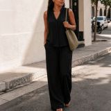 Women Solid Sleeveless V-Neck Vest Drawstring Pocket Wide Leg Pants Casual Two-Piece Set