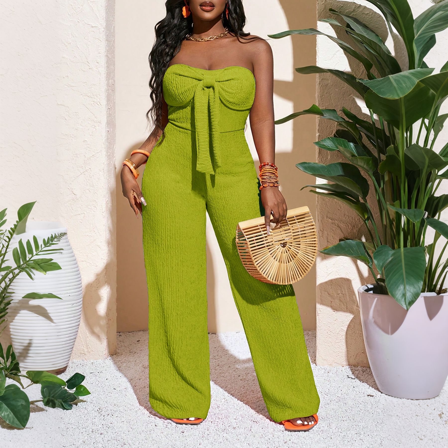 Textured Bow Strapless Wide Leg Jumpsuit for Holidays