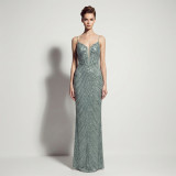 Women Chic V-Neck Sequin Lace-Up Long Formal Party Evening Dress