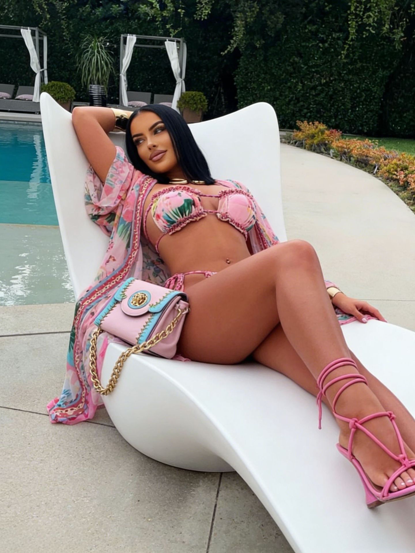 Pink Printed Three-Piece Swimsuit for Holiday Sun Protection