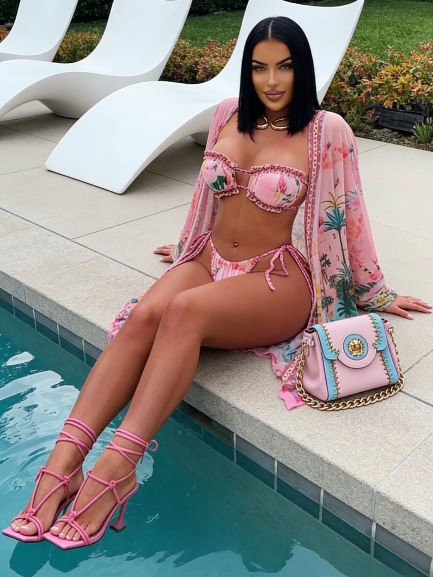 Pink Printed Three-Piece Swimsuit for Holiday Sun Protection