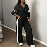 Women Color Block Striped Casual Zip Top Wide Leg Pants Two-Piece Tracksuit