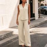 Women Solid Sleeveless V-Neck Vest Drawstring Pocket Wide Leg Pants Casual Two-Piece Set