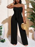 Holidays Women Bow Strapless Textured Wide Leg Jumpsuit