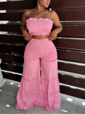 Women Strapless Ruffled Top Wide Leg Pants Casual Two-Piece Set