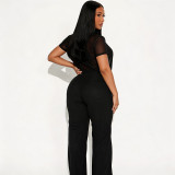 Spring Summer Women Mesh Deep V-Neck Top High Waist Bell Bottom Pants Two-Piece Set