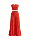 Women Strapless Ruffled Top Wide Leg Pants Casual Two-Piece Set
