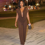 Spring Summer Women Mesh Deep V-Neck Top High Waist Bell Bottom Pants Two-Piece Set