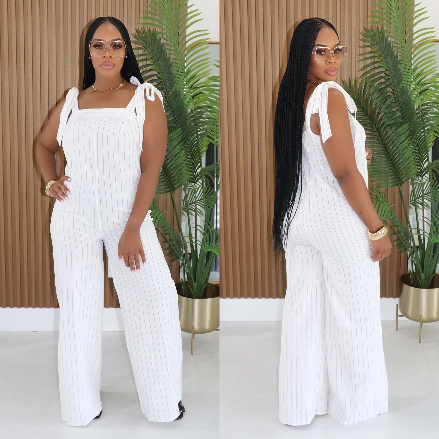 Striped Strap Wide Leg Jumpsuit for Casual Wear