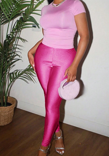 Women Round Neck Short Sleeve Top and Long Pants Two Piece Set