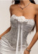 Women Silver Gray Boning Strapless Flower Lace-Up Waist Cincher Elegant Sexy Crop Top
