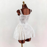 Women White Lace Square Neck Wide Strap Slim Waist Bubble Puff Mini Dress