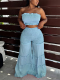 Women Strapless Ruffled Top Wide Leg Pants Casual Two-Piece Set