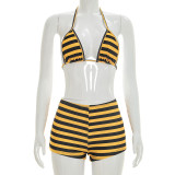 Women Sexy Striped Printed Halter Neck Crop Top Shorts Three-Piece Set