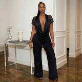 Spring Summer Women Mesh Deep V-Neck Top High Waist Bell Bottom Pants Two-Piece Set